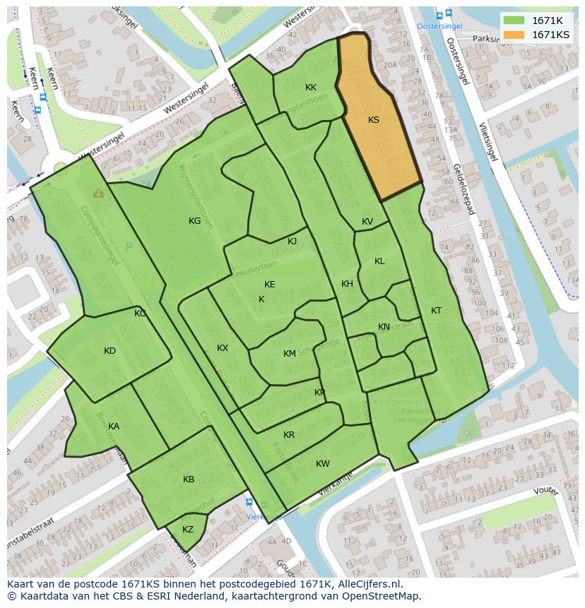 Afbeelding van het postcodegebied 1671 KS op de kaart.