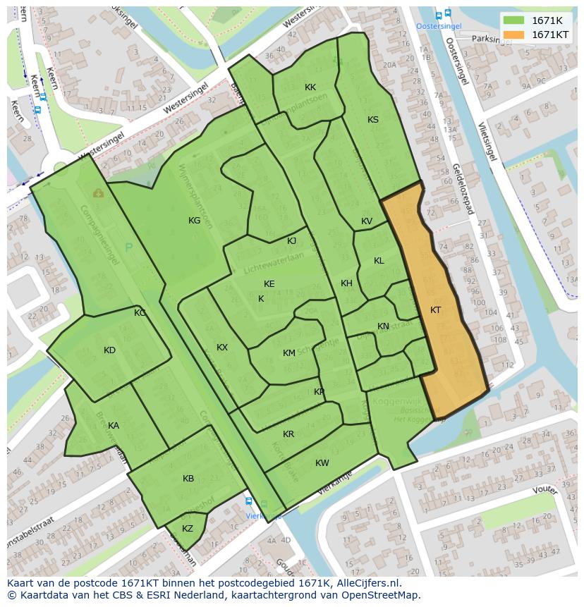 Afbeelding van het postcodegebied 1671 KT op de kaart.