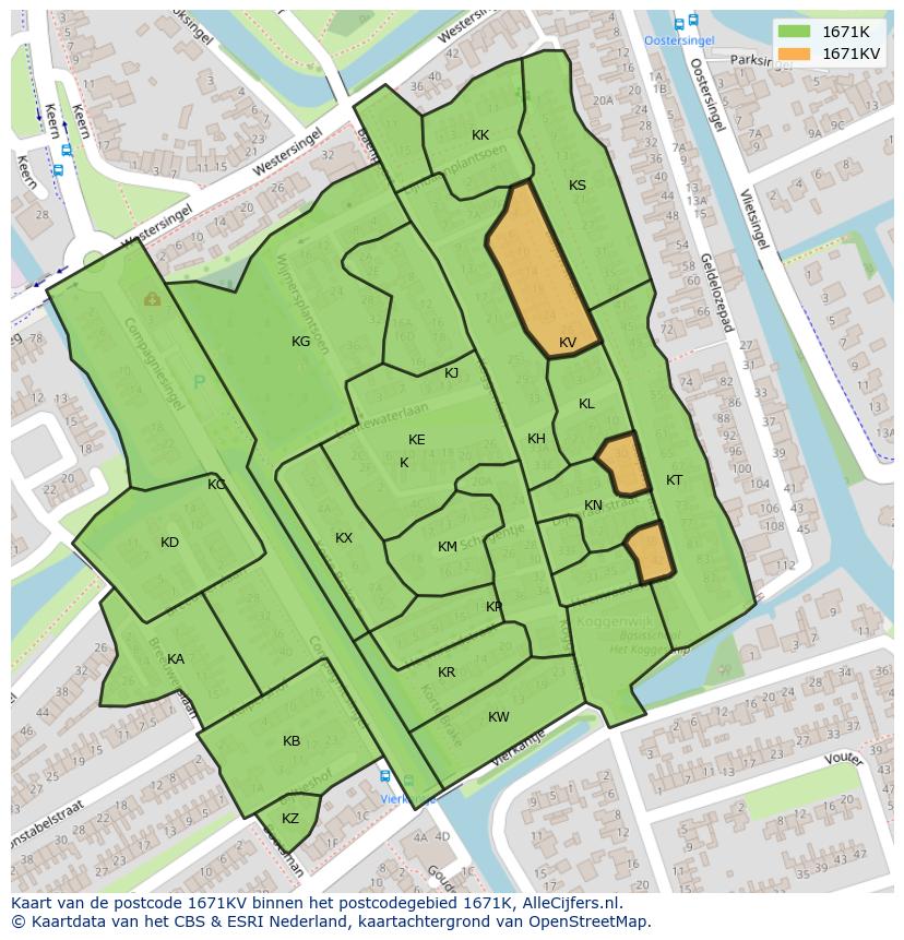 Afbeelding van het postcodegebied 1671 KV op de kaart.