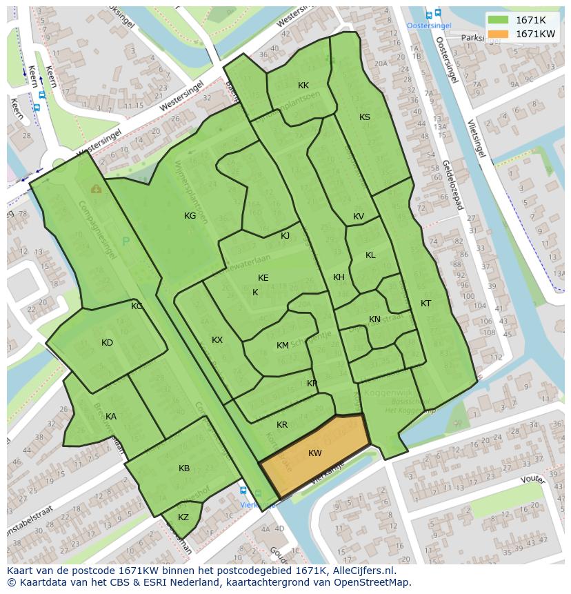 Afbeelding van het postcodegebied 1671 KW op de kaart.