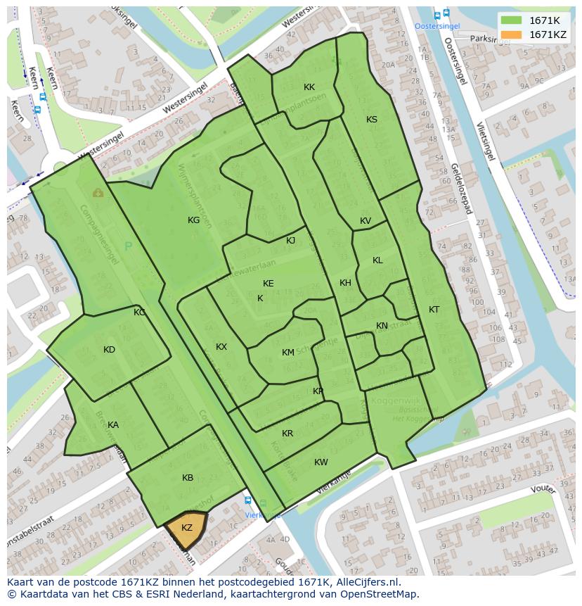 Afbeelding van het postcodegebied 1671 KZ op de kaart.