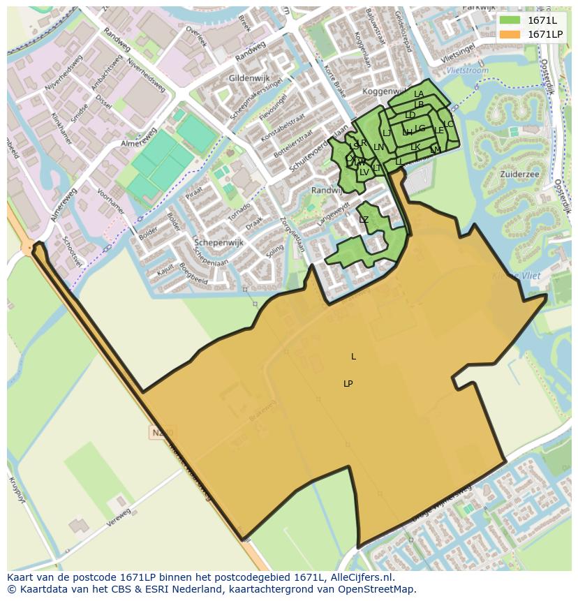 Afbeelding van het postcodegebied 1671 LP op de kaart.