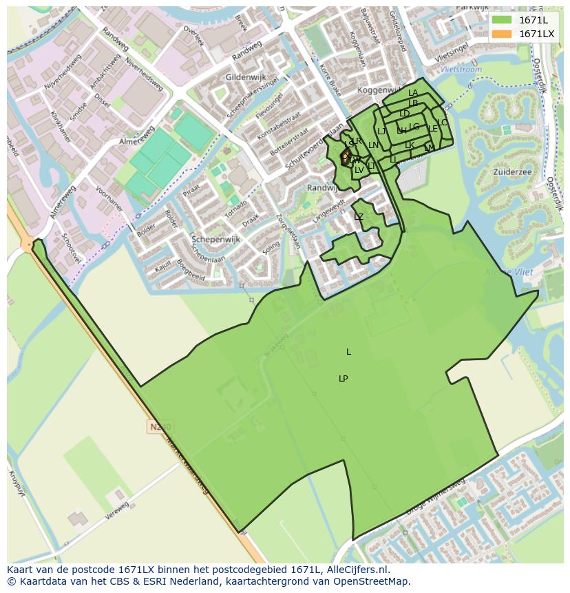 Afbeelding van het postcodegebied 1671 LX op de kaart.