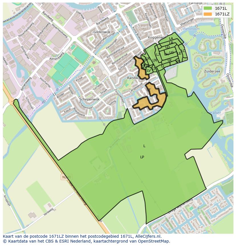 Afbeelding van het postcodegebied 1671 LZ op de kaart.