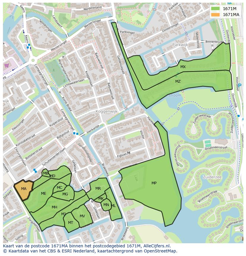 Afbeelding van het postcodegebied 1671 MA op de kaart.
