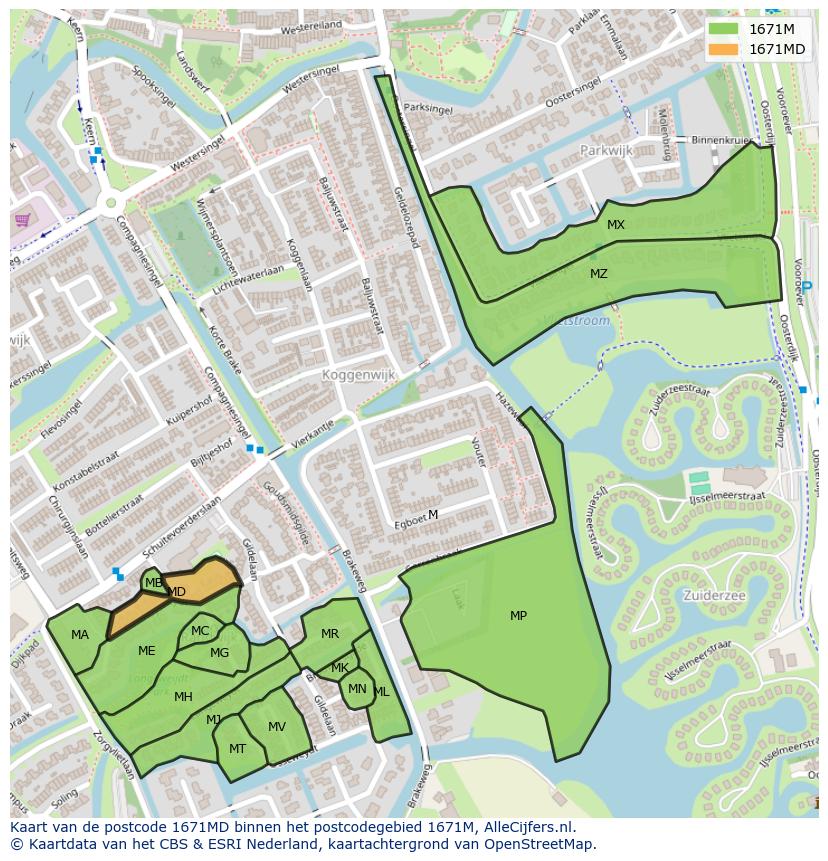 Afbeelding van het postcodegebied 1671 MD op de kaart.