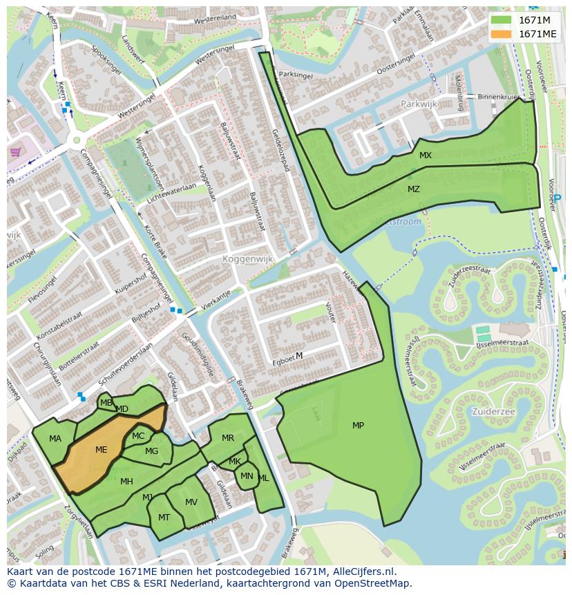 Afbeelding van het postcodegebied 1671 ME op de kaart.