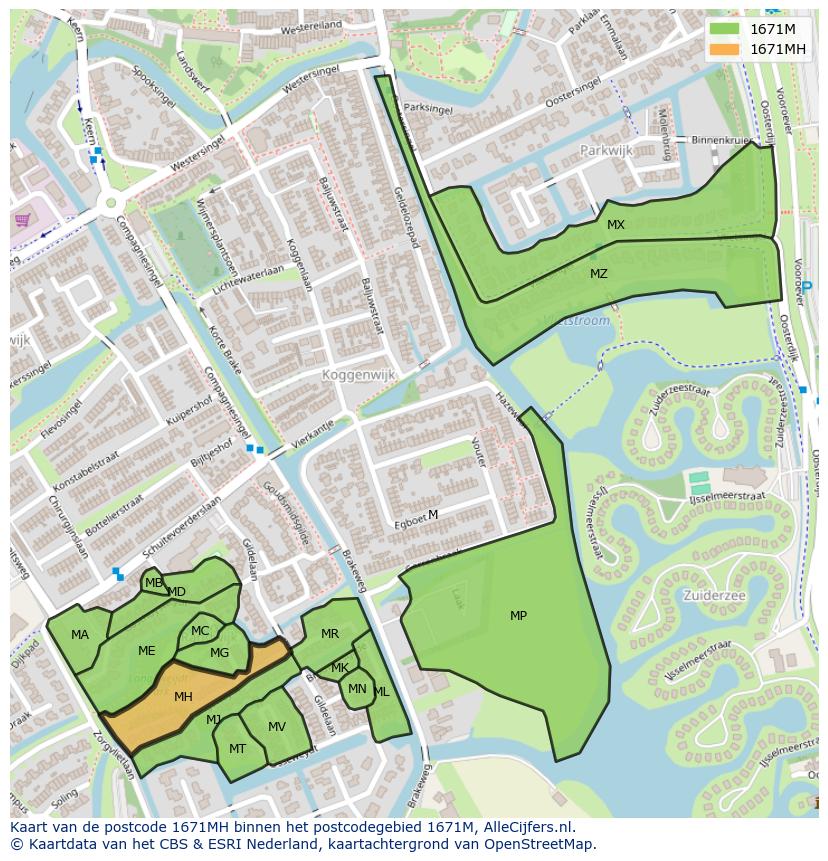 Afbeelding van het postcodegebied 1671 MH op de kaart.