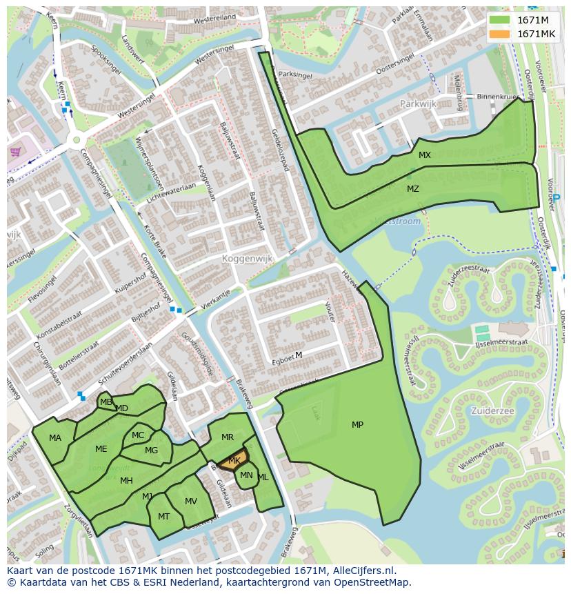 Afbeelding van het postcodegebied 1671 MK op de kaart.