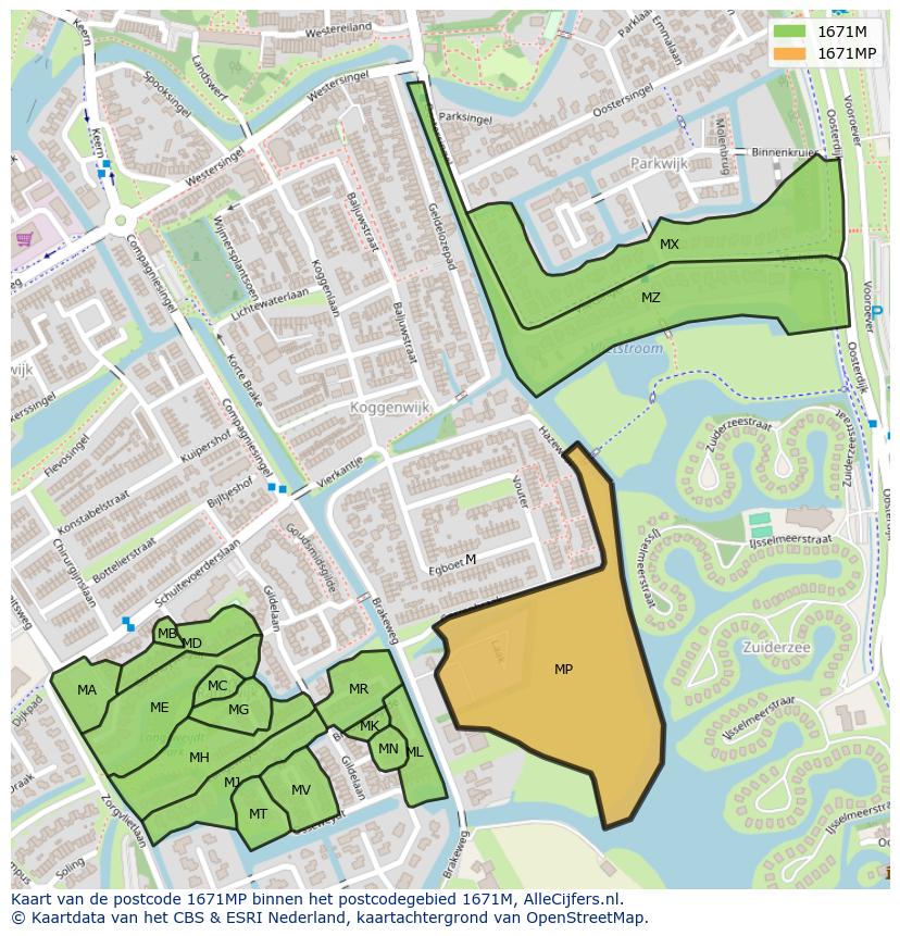 Afbeelding van het postcodegebied 1671 MP op de kaart.