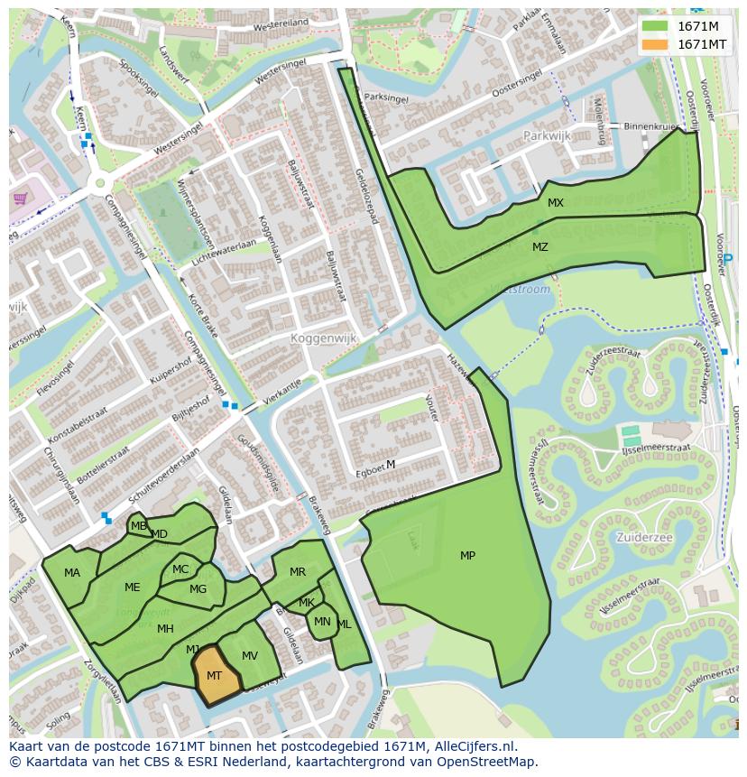 Afbeelding van het postcodegebied 1671 MT op de kaart.