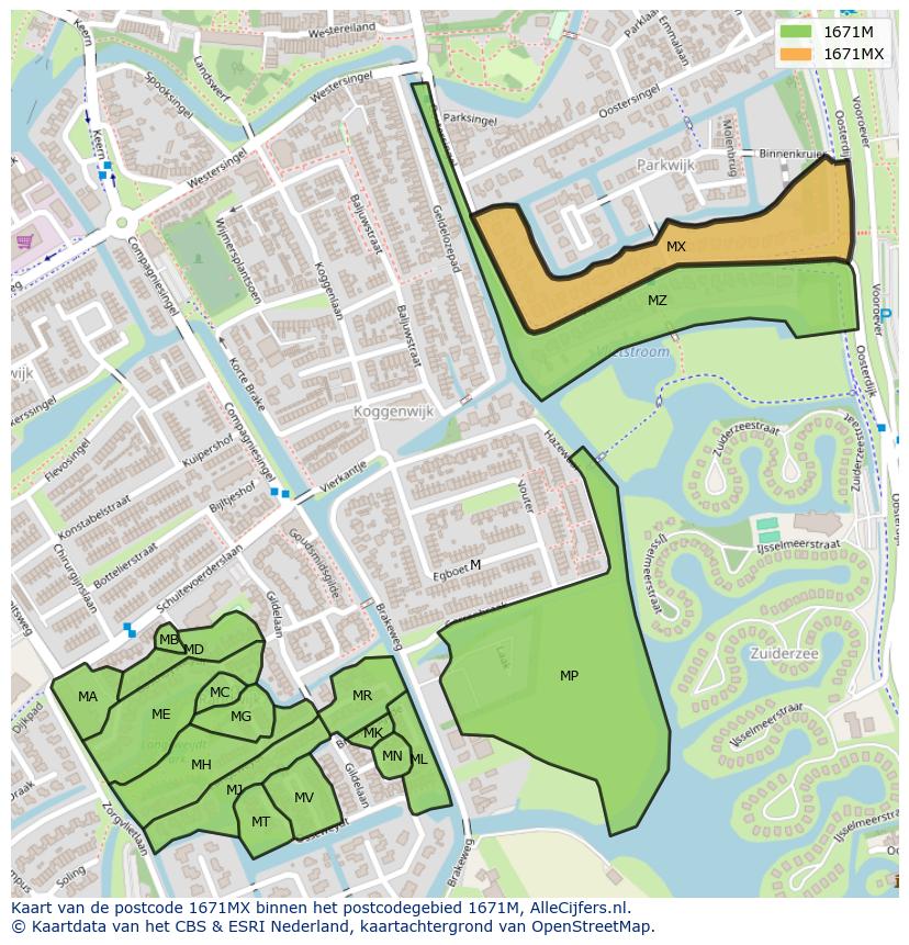 Afbeelding van het postcodegebied 1671 MX op de kaart.