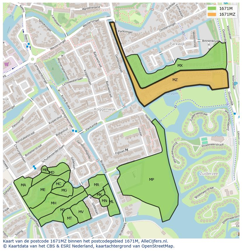 Afbeelding van het postcodegebied 1671 MZ op de kaart.