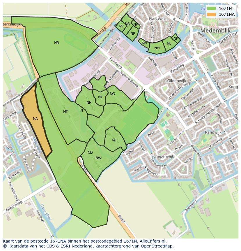 Afbeelding van het postcodegebied 1671 NA op de kaart.