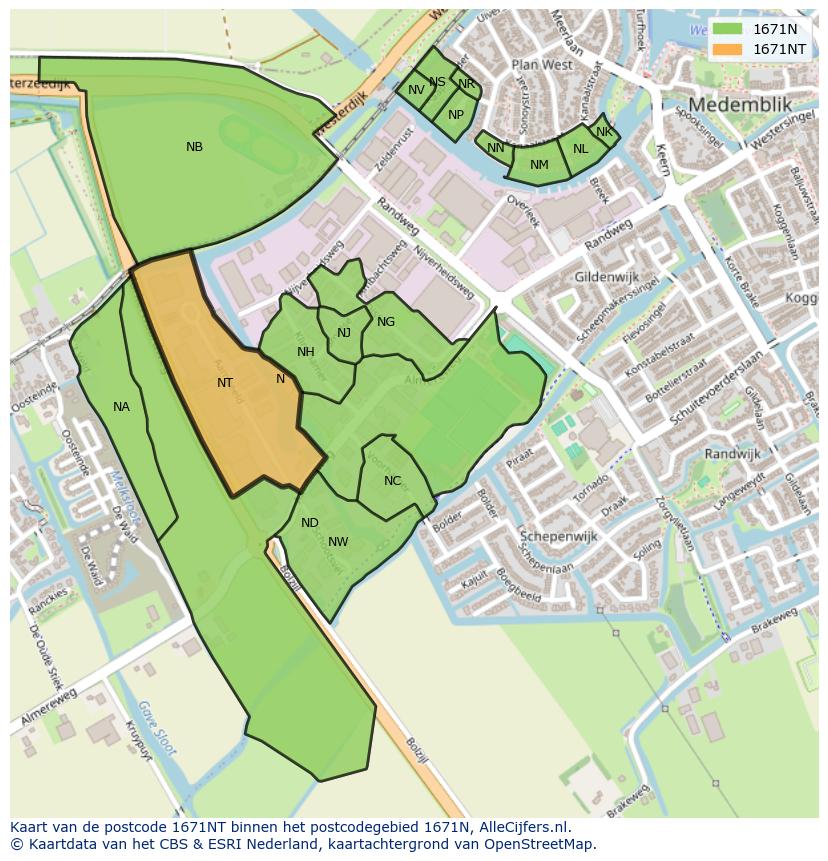 Afbeelding van het postcodegebied 1671 NT op de kaart.