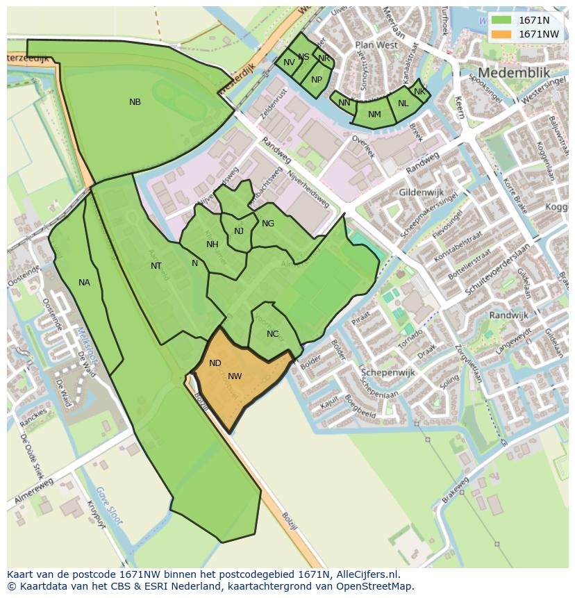 Afbeelding van het postcodegebied 1671 NW op de kaart.