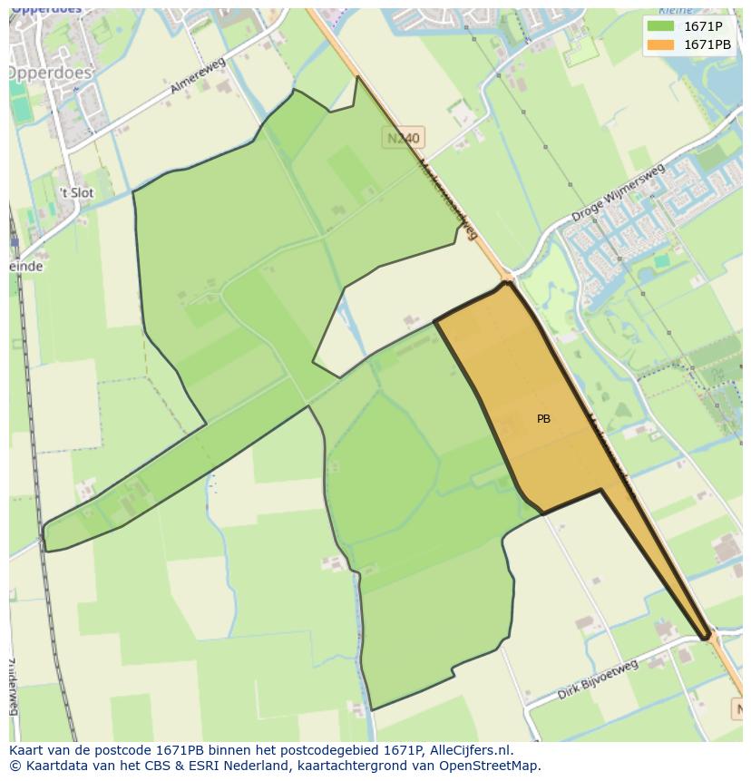 Afbeelding van het postcodegebied 1671 PB op de kaart.