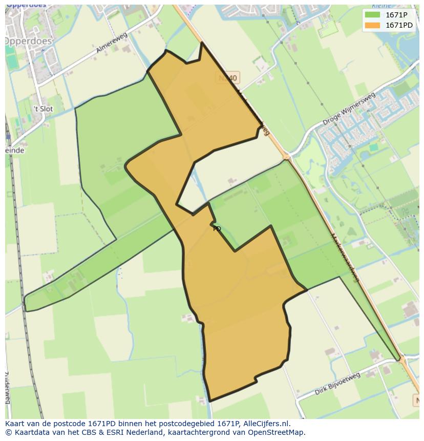 Afbeelding van het postcodegebied 1671 PD op de kaart.