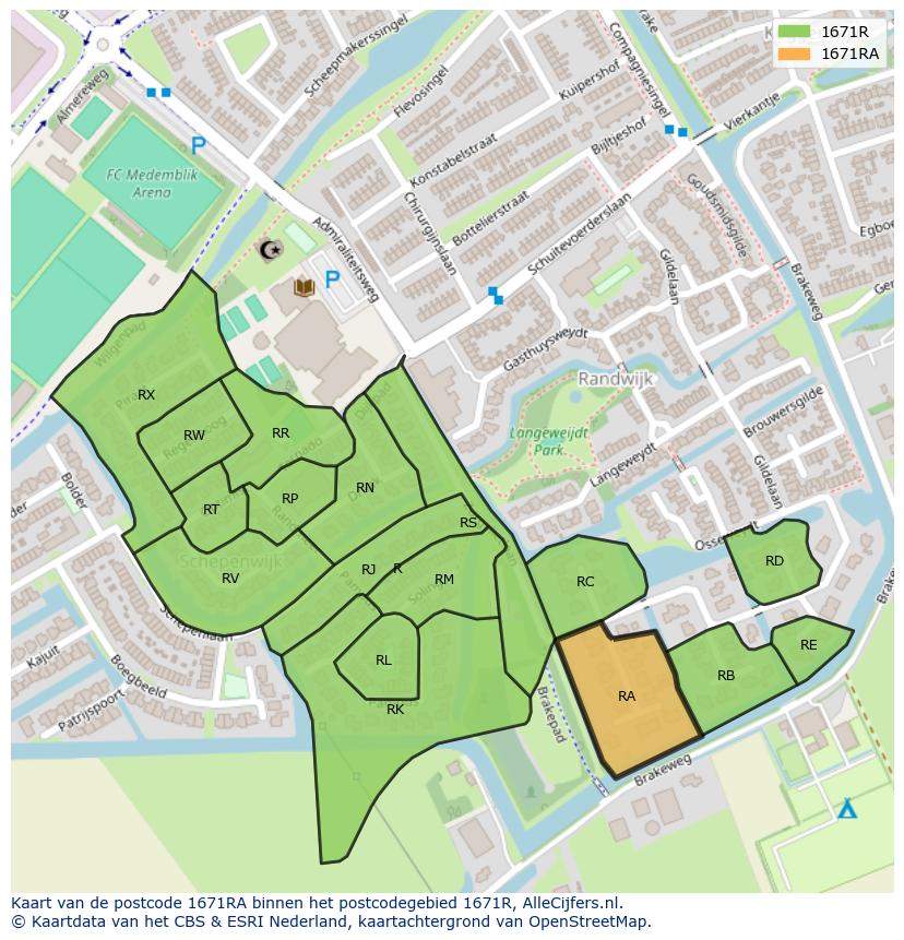 Afbeelding van het postcodegebied 1671 RA op de kaart.