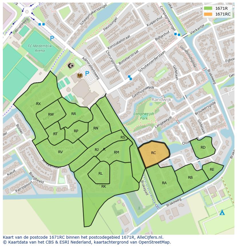 Afbeelding van het postcodegebied 1671 RC op de kaart.