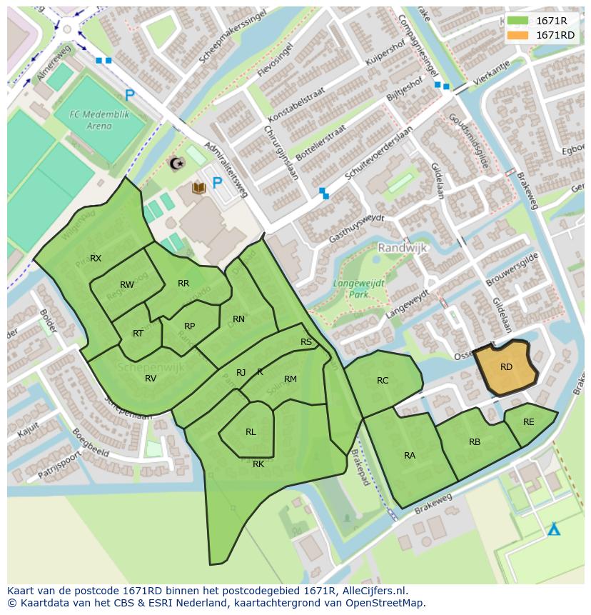 Afbeelding van het postcodegebied 1671 RD op de kaart.