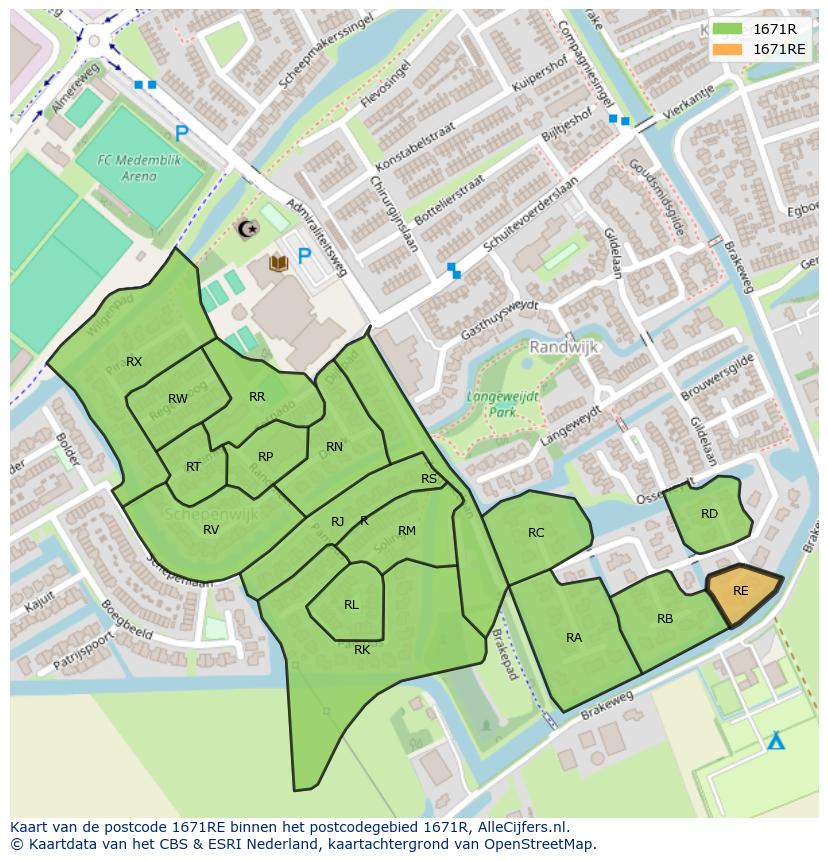 Afbeelding van het postcodegebied 1671 RE op de kaart.