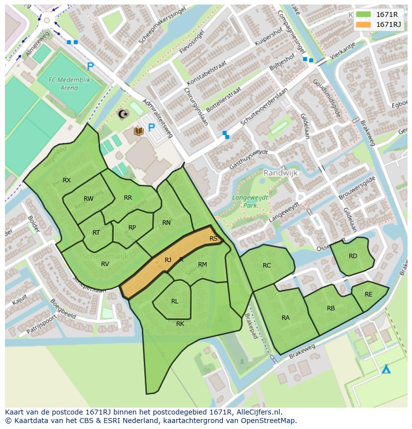 Afbeelding van het postcodegebied 1671 RJ op de kaart.