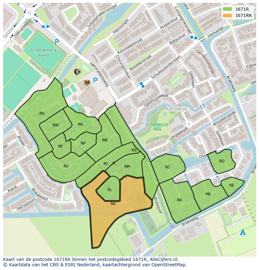 Afbeelding van het postcodegebied 1671 RK op de kaart.