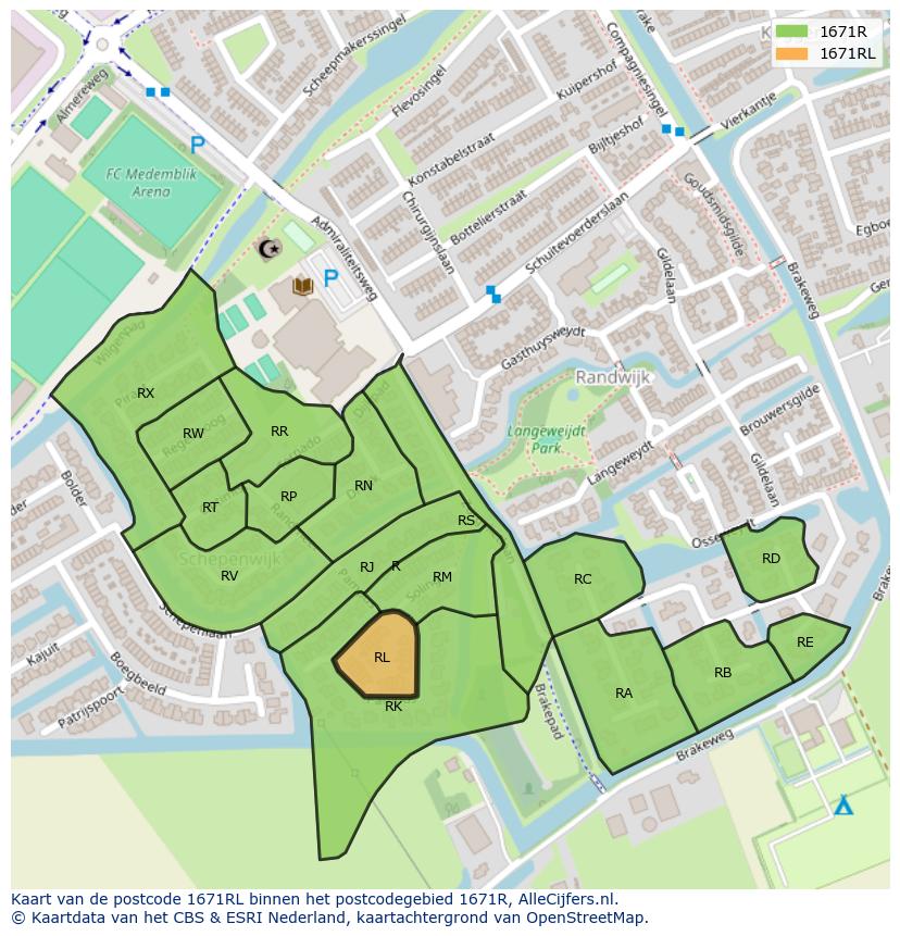Afbeelding van het postcodegebied 1671 RL op de kaart.