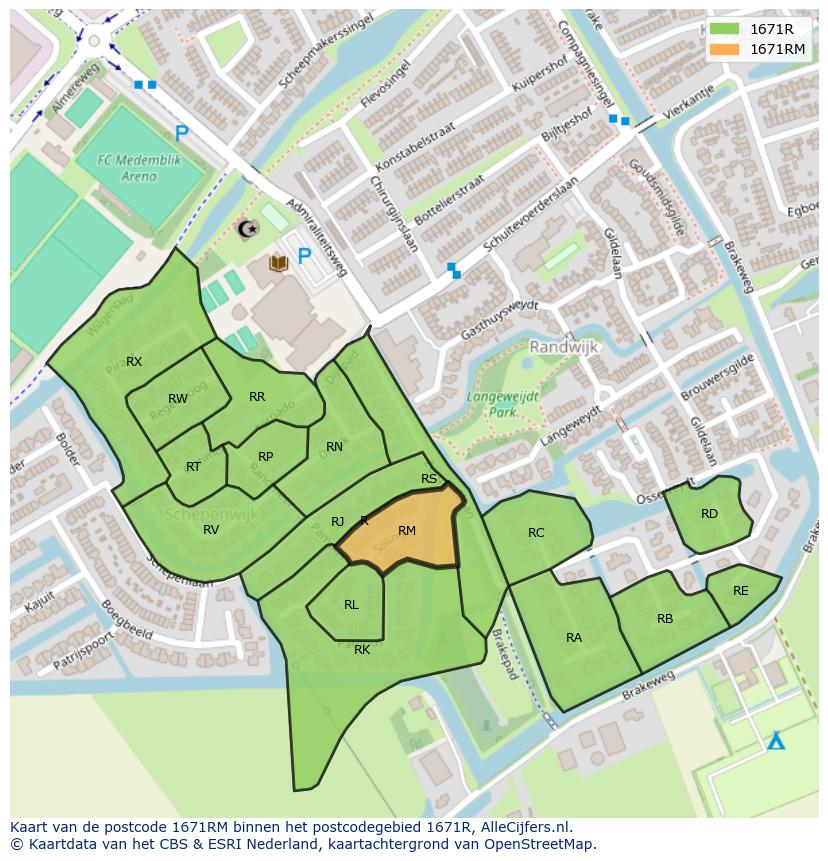 Afbeelding van het postcodegebied 1671 RM op de kaart.