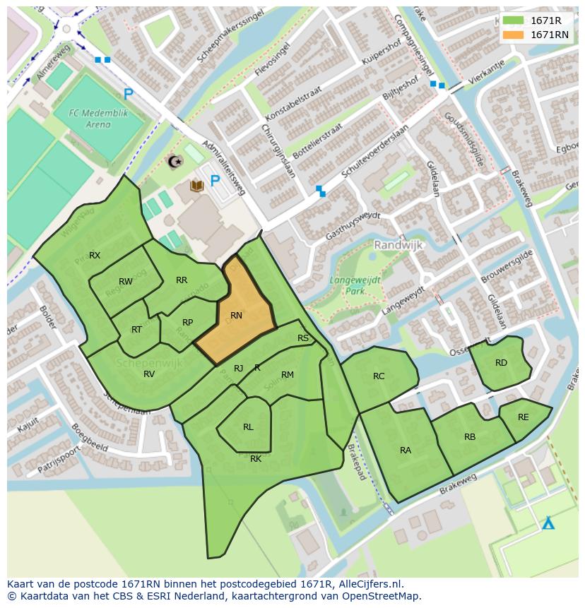 Afbeelding van het postcodegebied 1671 RN op de kaart.