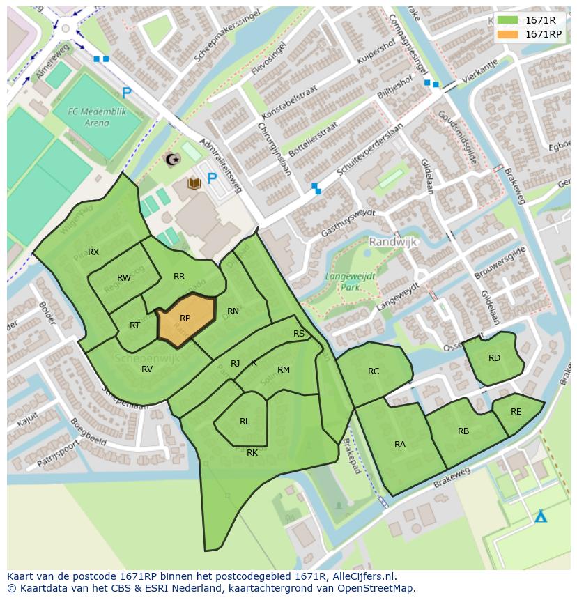 Afbeelding van het postcodegebied 1671 RP op de kaart.