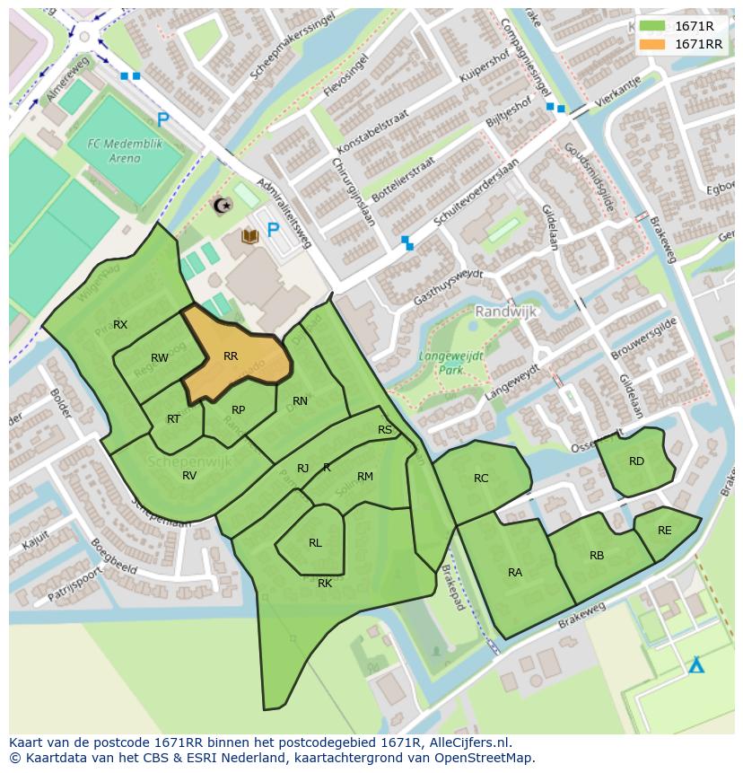 Afbeelding van het postcodegebied 1671 RR op de kaart.