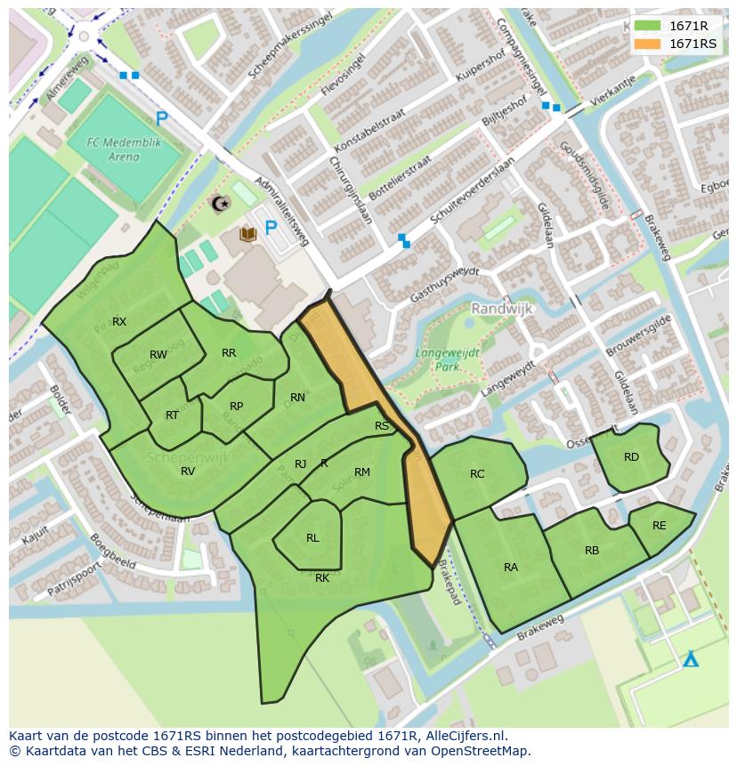 Afbeelding van het postcodegebied 1671 RS op de kaart.