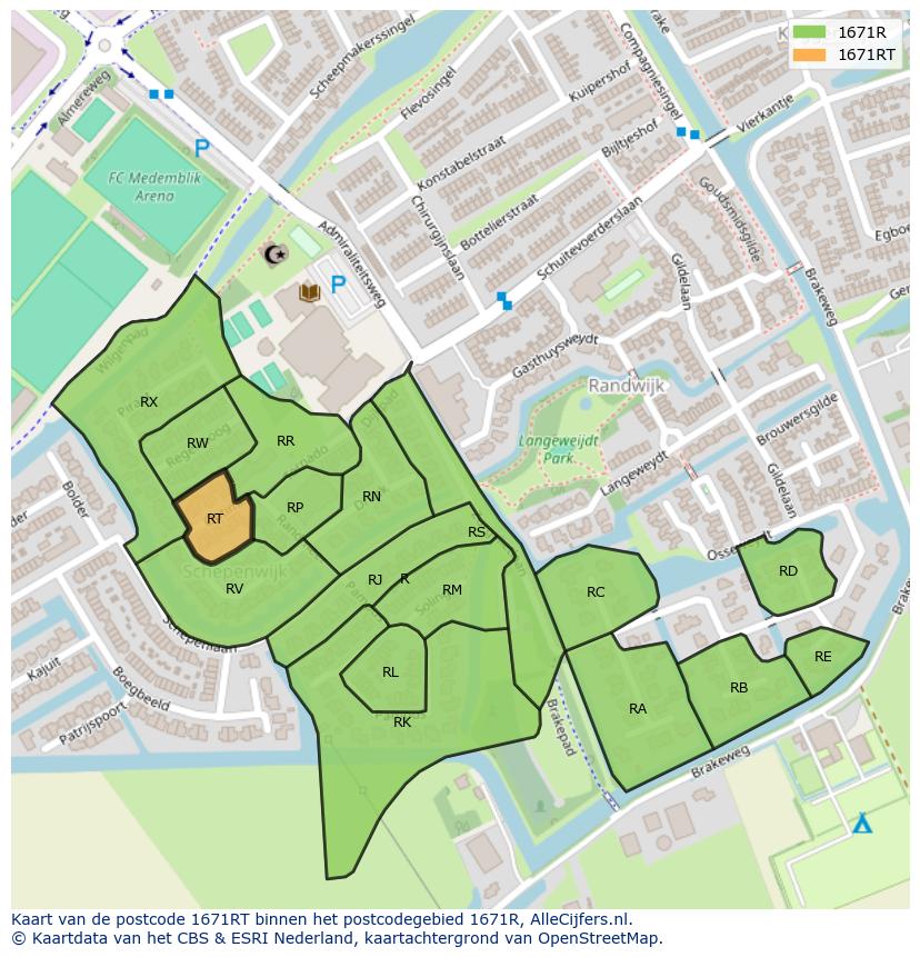 Afbeelding van het postcodegebied 1671 RT op de kaart.