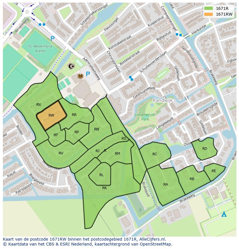 Afbeelding van het postcodegebied 1671 RW op de kaart.