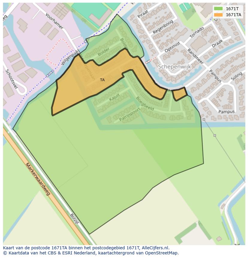 Afbeelding van het postcodegebied 1671 TA op de kaart.