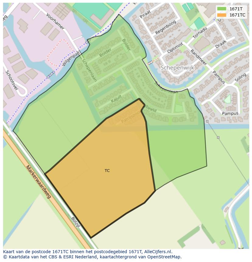 Afbeelding van het postcodegebied 1671 TC op de kaart.