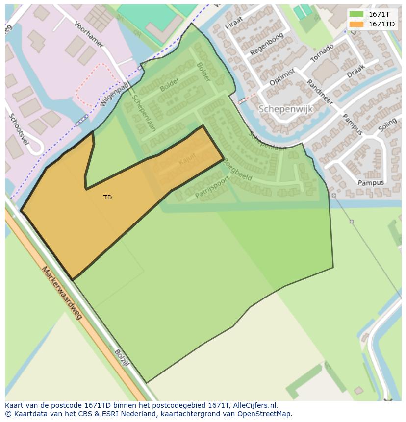 Afbeelding van het postcodegebied 1671 TD op de kaart.