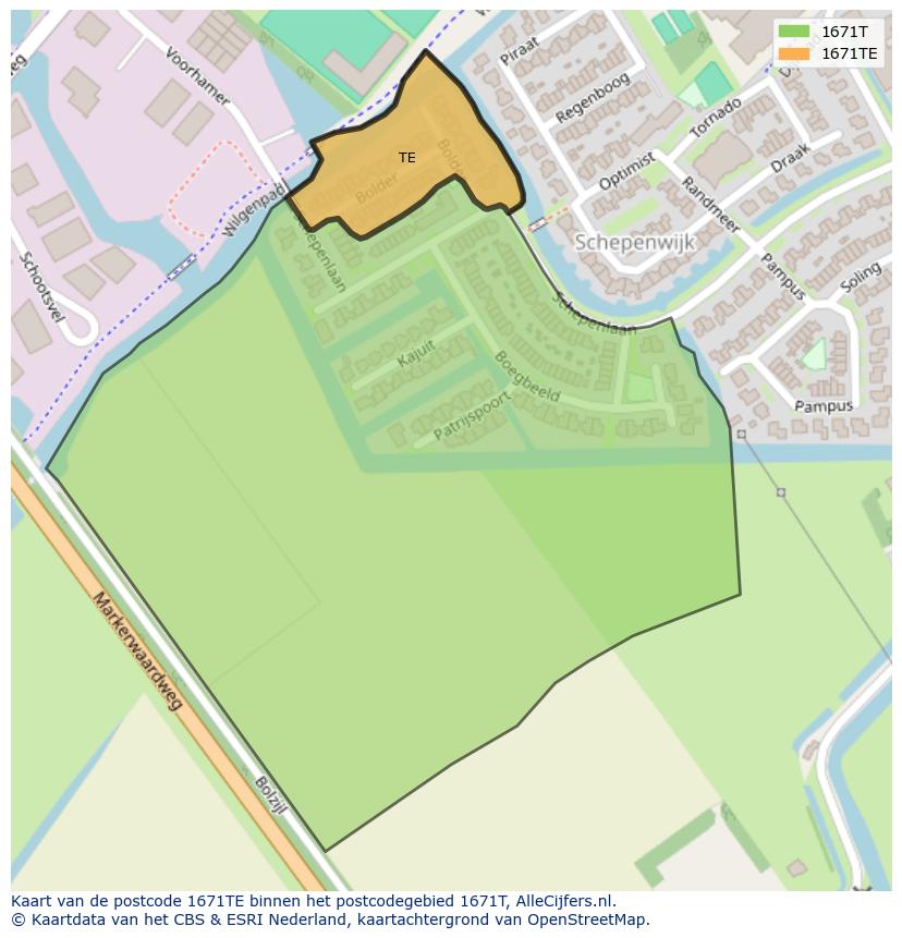 Afbeelding van het postcodegebied 1671 TE op de kaart.