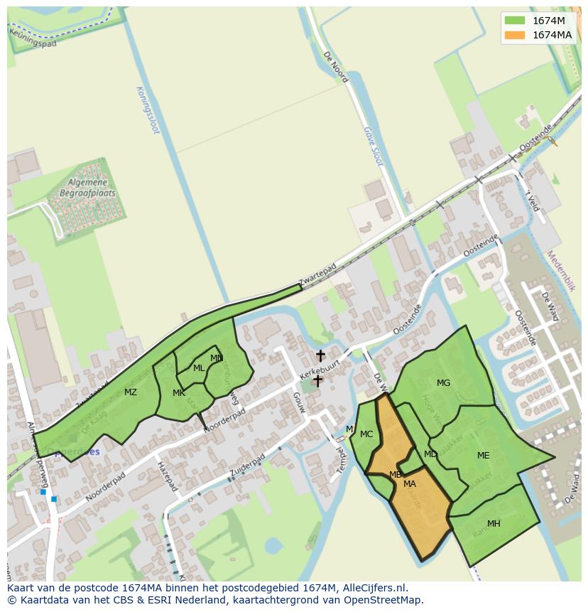 Afbeelding van het postcodegebied 1674 MA op de kaart.