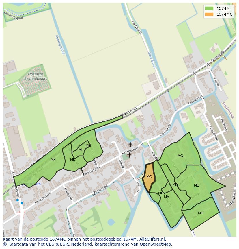 Afbeelding van het postcodegebied 1674 MC op de kaart.