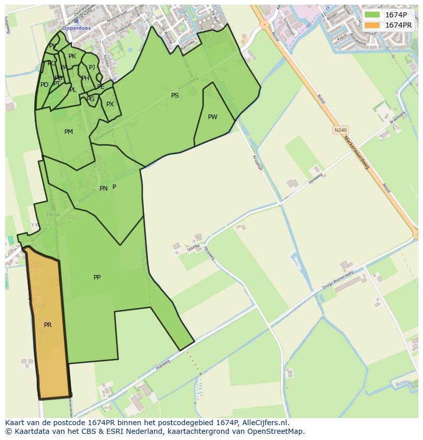 Afbeelding van het postcodegebied 1674 PR op de kaart.
