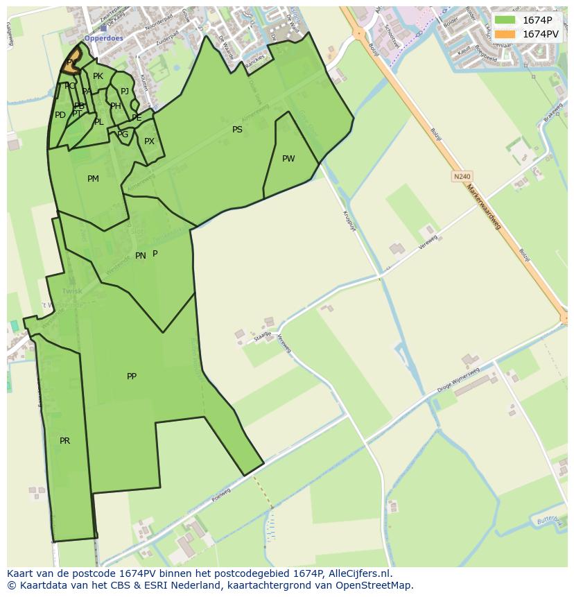 Afbeelding van het postcodegebied 1674 PV op de kaart.