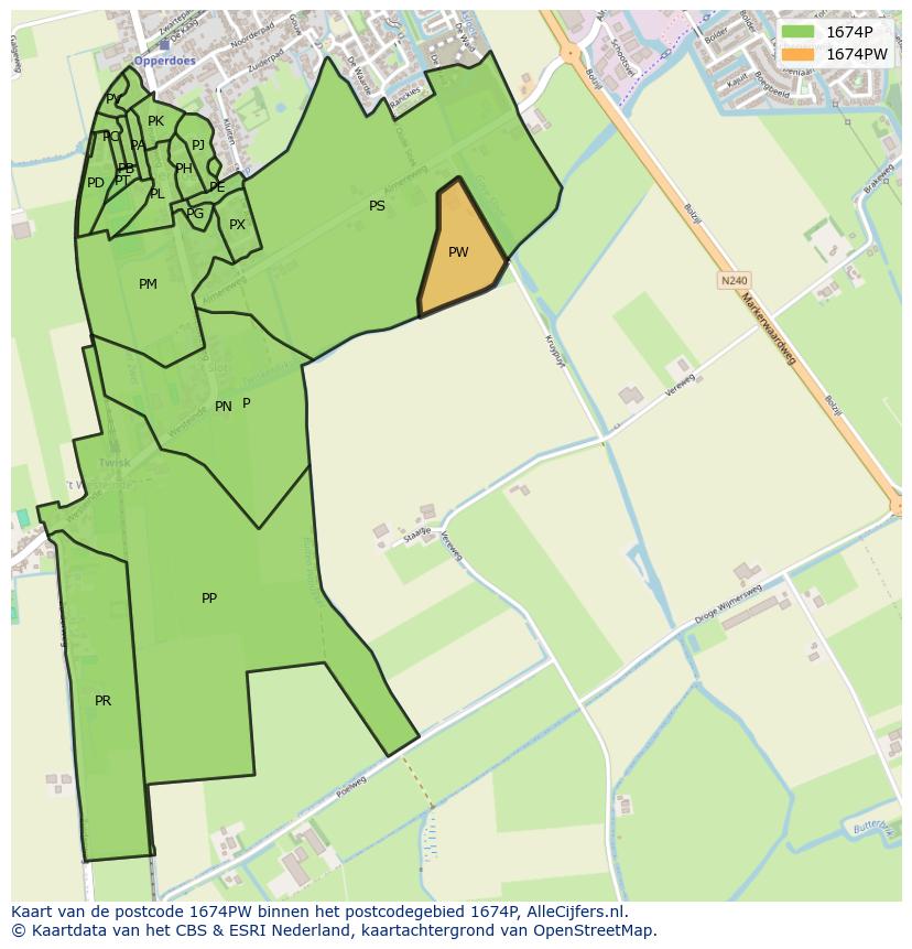 Afbeelding van het postcodegebied 1674 PW op de kaart.