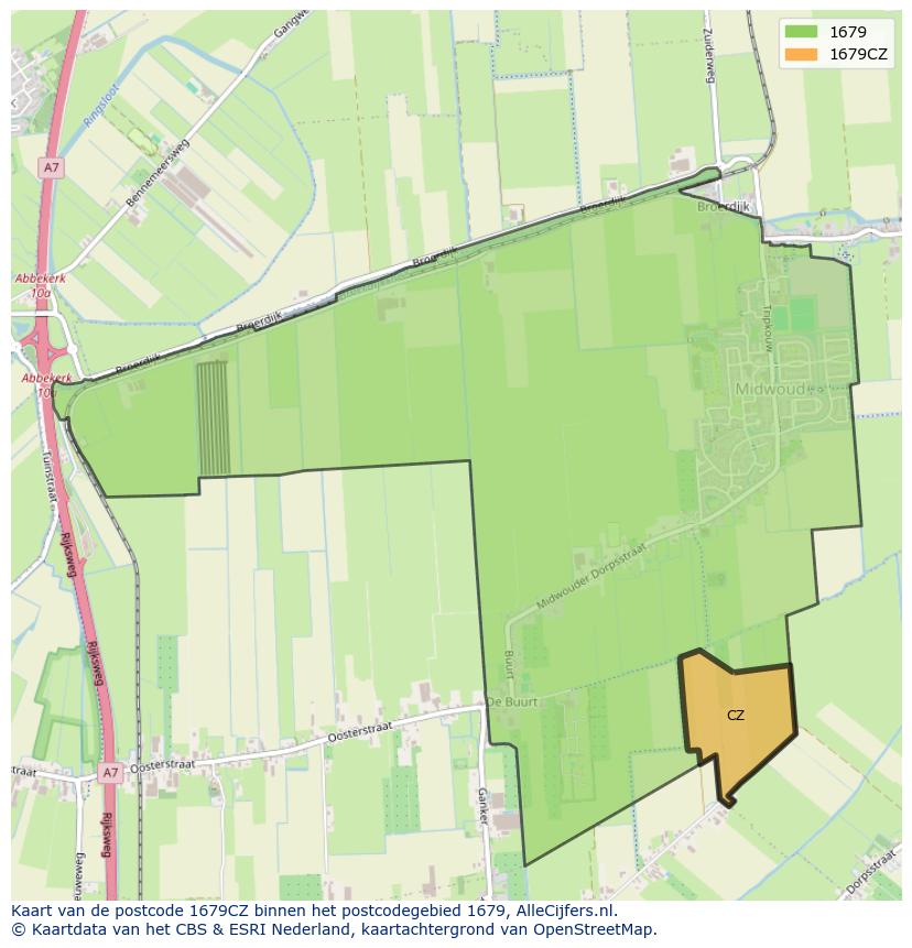 Afbeelding van het postcodegebied 1679 CZ op de kaart.