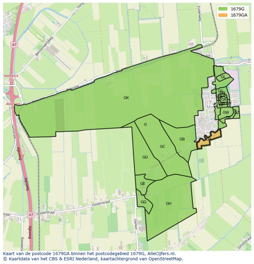 Afbeelding van het postcodegebied 1679 GA op de kaart.