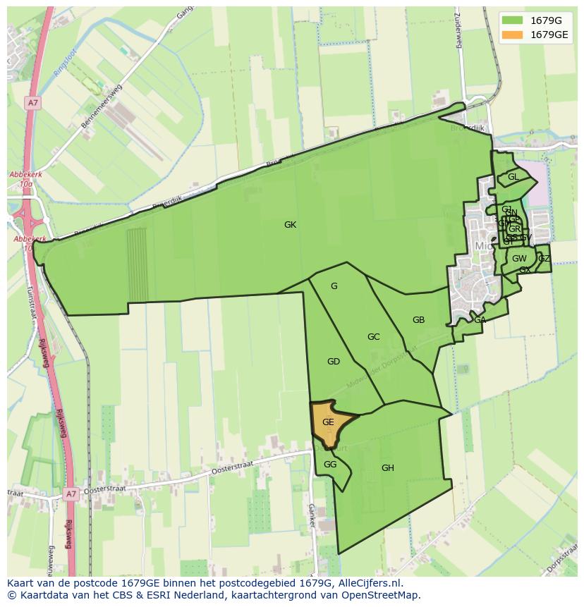 Afbeelding van het postcodegebied 1679 GE op de kaart.