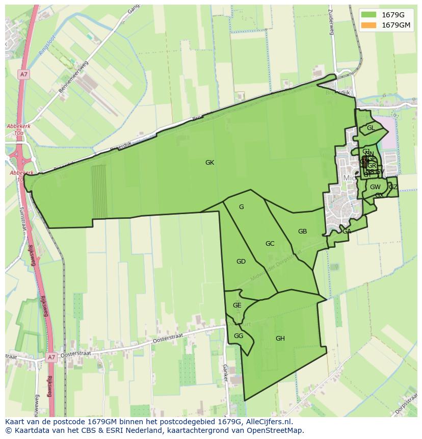 Afbeelding van het postcodegebied 1679 GM op de kaart.