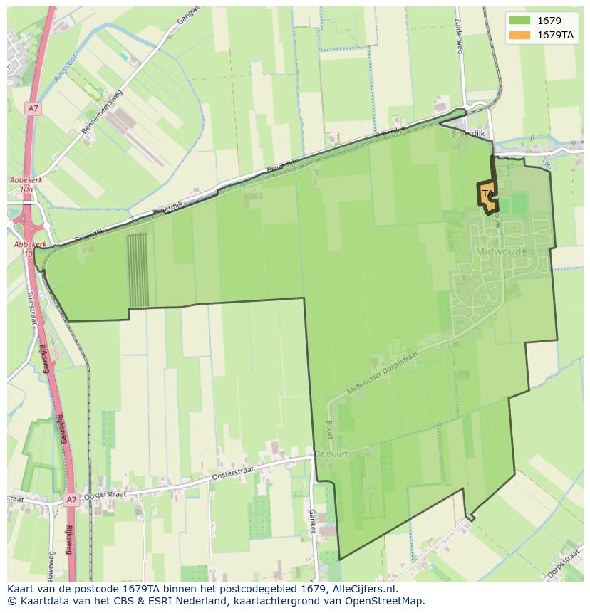 Afbeelding van het postcodegebied 1679 TA op de kaart.